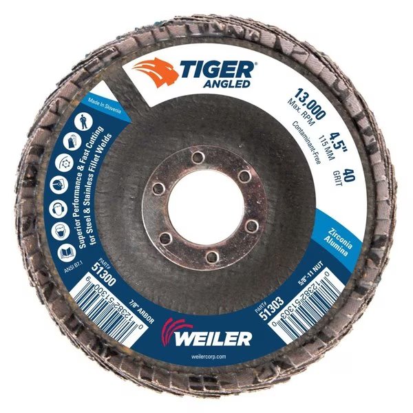4-1/2 Tiger Angled (Radial) Zirc Flap Disc 40Z 7/8 Arbor Hole, Weiler, Mfr#: 51300