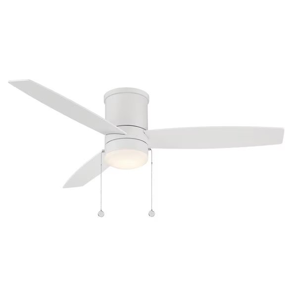 Atlantis 3-Blade Pull Chain Flush Mount Ceiling Fan 52in Matte White with 3000K LED Light Kit, Wac, Mfr#: F-073L