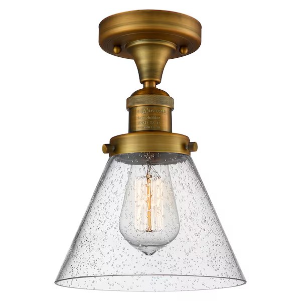 1 Light Large Cone 8In. Brushed Brass Semi-Flush Mount With Seedy Glass, 510775