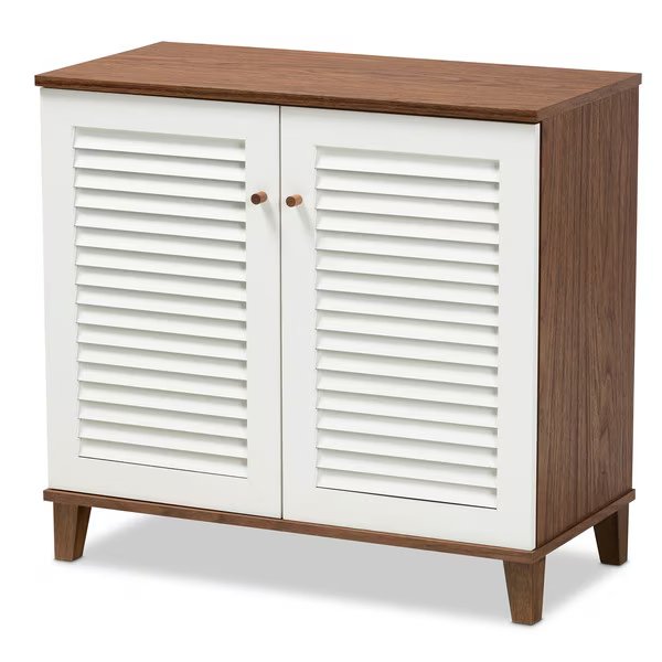 Coolidge White and Walnut Wood 4-Shelf Shoe Storage Cabinet, Baxton Studio, Mfr#: 163-10392