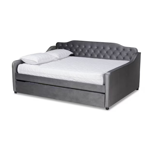 Freda Grey Velvet and Button Tufted Queen Size Daybed with Trundle, Baxton Studio, Mfr#: 164-10411