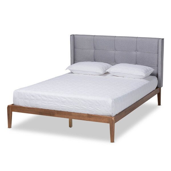 Edmond Grey Upholstered and Ash Walnut Wood Full Size Platform Bed, Baxton Studio, Mfr#: 164-10665