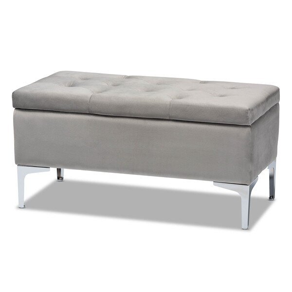 Mabel Grey Velvet Upholstered Silver Finished Storage Ottoman, Baxton Studio, Mfr#: 165-10678