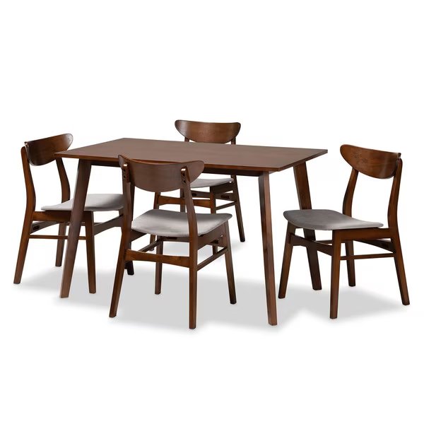 Orion Light Grey Upholstered and Walnut Wood 5-Piece Dining Set, Baxton Studio, Mfr#: 167-10810-10807