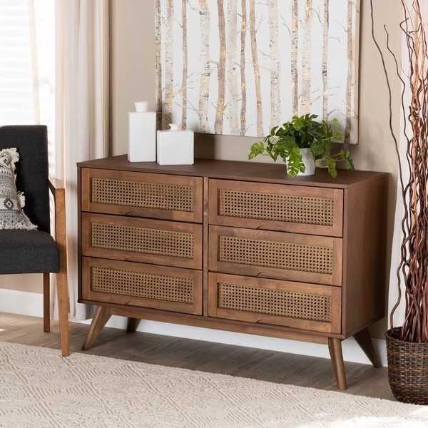 Barrett Mid-Century Walnut Brown Finished Wood and Synthetic Rattan 6-Drawer Dresser, Baxton Studio, Mfr#: 192-11300-ZORO