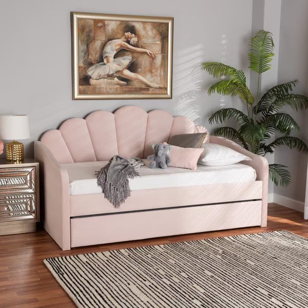 Timila Modern and Contemporary Light Pink Velvet Fabric Upholstered Full Size Daybed with Trundle, Baxton Studio, Mfr#: 213-11549-ZORO