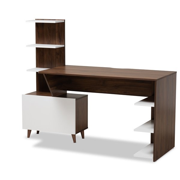 Tobias Mid-Century Two-Tone White and Walnut Brown Finished Wood Storage Computer Desk with Shelves, Baxton Studio, Mfr#: 181-11692-Zoro