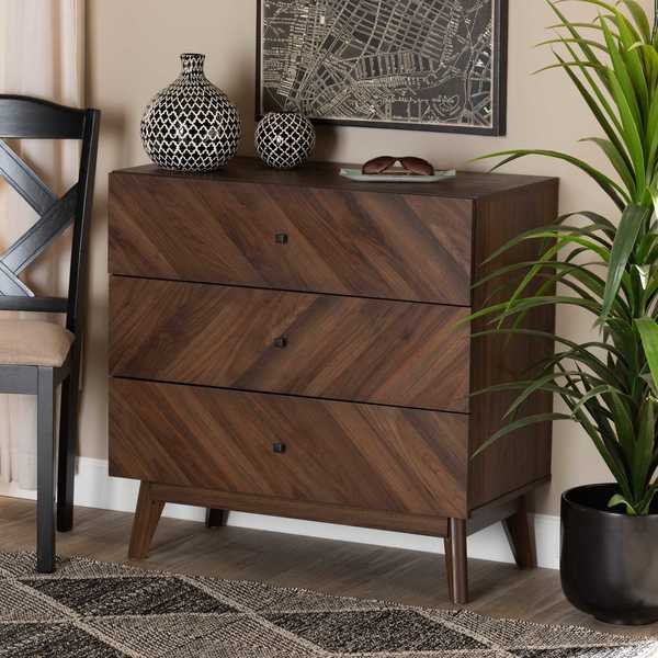 Hartman Mid-Century Walnut Brown Finished Wood 3-Drawer Storage Chest, Baxton Studio, Mfr#: 193-11720-ZORO