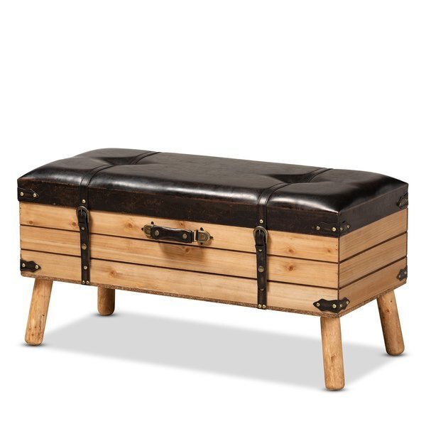 Amena Rustic Transitional Dark Brown PU Leather and Oak Finished Wood Large Storage Ottoman, Baxton Studio, Mfr#: 182-11739-Zoro