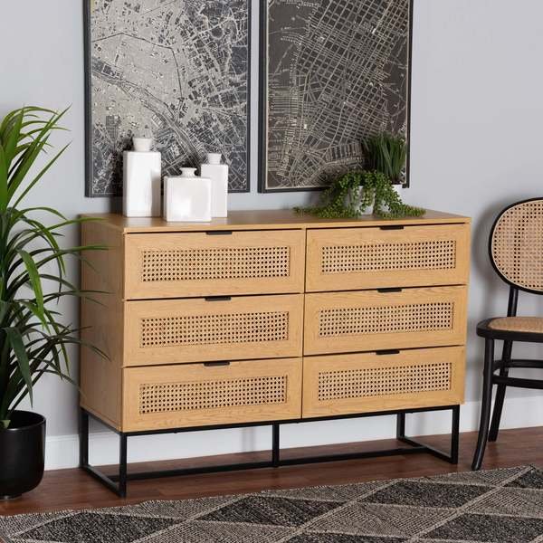 Sawyer MidCentury Oak Brown Finished Wood and Black Metal  Storage Cabinet with Natural Rattan, Baxton Studio, Mfr#: 223-12921-ZORO