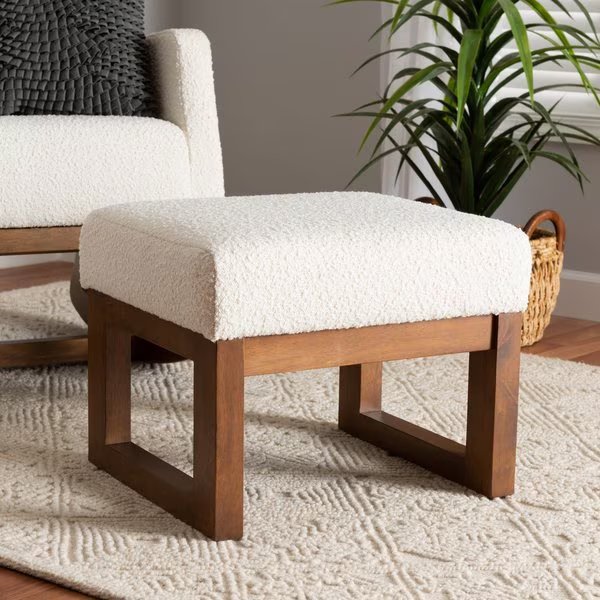 Yashiya MidCentury OffWhite Boucle Upholstered and Walnut Brown Finished Wood Ottoman Footstool, Baxton Studio, Mfr#: 225-12926-ZORO