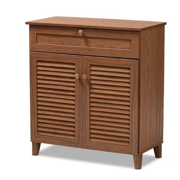 Coolidge Walnut Finished 4-Shelf Wood Shoe Storage Cabinet with Drawer, Baxton Studio, Mfr#: 156-9388