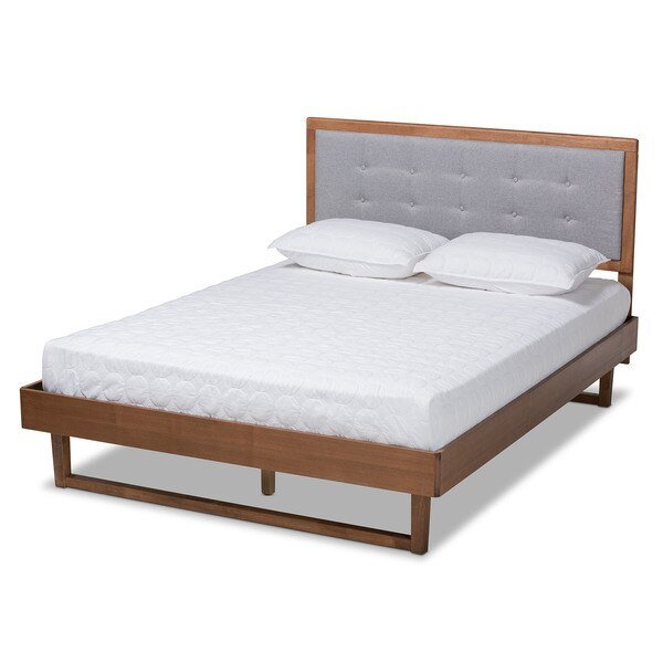 Viviana Grey Upholstered and Walnut Wood Queen Size Platform Bed, Baxton Studio, Mfr#: 167-9411-9435