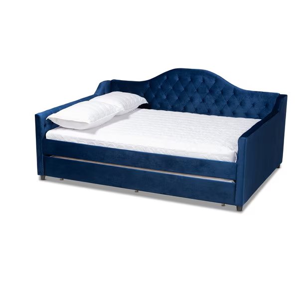 Perry Blue Velvet Upholstered and Tufted Queen Size Daybed Trundle, Baxton Studio, Mfr#: 156-9452