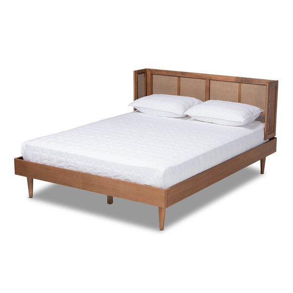 Rina Walnut Finished and Rattan Full Size Platform Bed with Headboard, Baxton Studio, Mfr#: 159-9812-9813