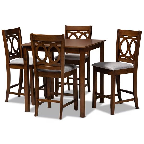 Lenoir Grey Upholstered Walnut Brown Finished 5-Piece Wood Pub Set, Baxton Studio, Mfr#: 168-9884-10903