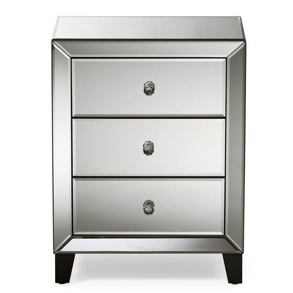 Chevron Hollywood Glamour Style Mirrored 3-Drawers Nightstand, Baxton Studio, Mfr#: 121-6733
