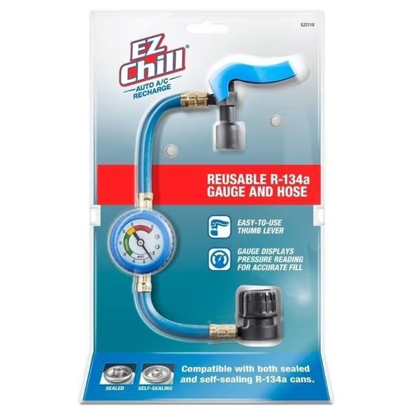 EZ Chill Gauge and Hose, Reusable, Blue, For R134a Sealed and SelfSealing Cans, A/C Recharge, Mfr#: EZC110-4