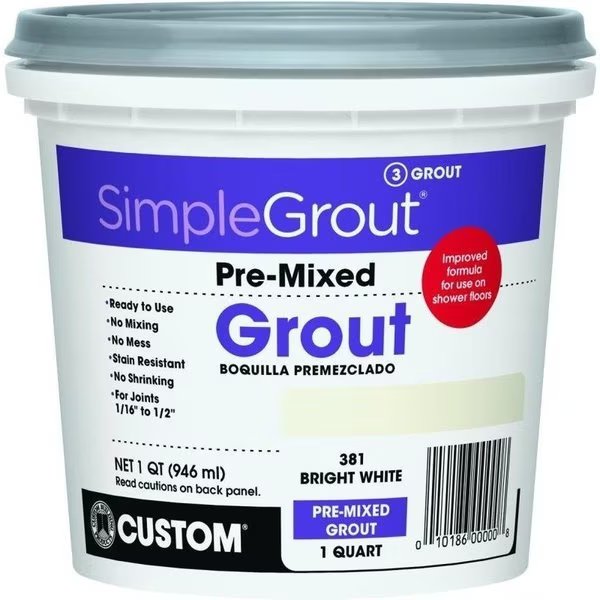 Tile Grout, Paste, Characteristic, Bright White, 1 qt Pail, Custom Building Products, Mfr#: PMG381QT