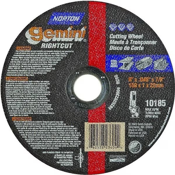 CutOff Wheel, 6 in Dia, 0045 in Thick, 78 in Arbor, 36 Grit, Coarse, Aluminum Oxide Abrasive, Norton Co, Mfr#: 66252823604