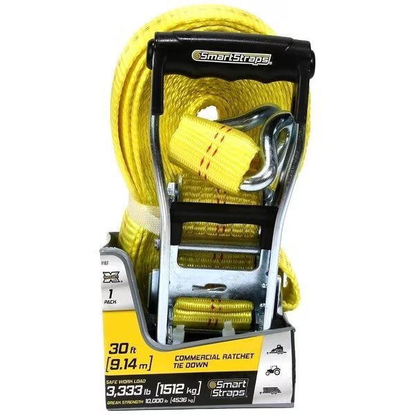 TieDown, 2 in W, 30 ft L, Polyethylene, Yellow, 3333 lb, JHook End Fitting, Steel End Fitting, Smartstrap, Mfr#: 167