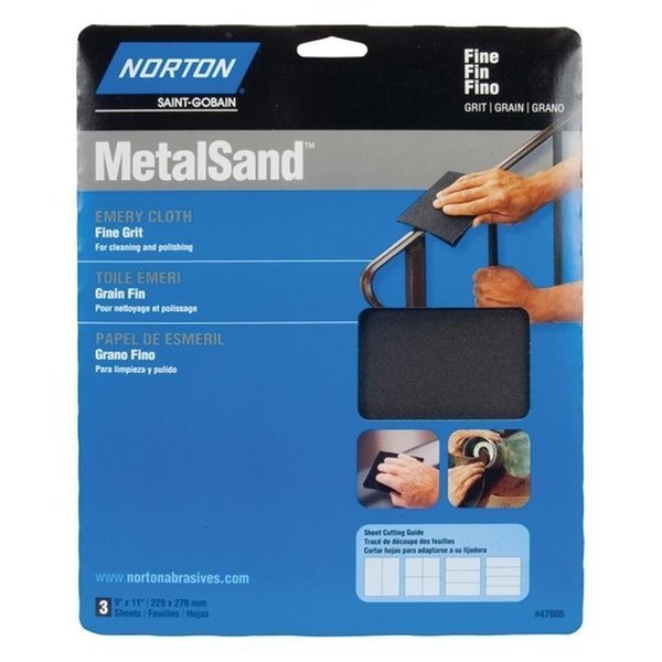 MetalSand 076607 Sanding Sheet, 11 in L, 9 in W, Fine, Emery Abrasive, Cloth Backing, Norton Co, Mfr#: 47805