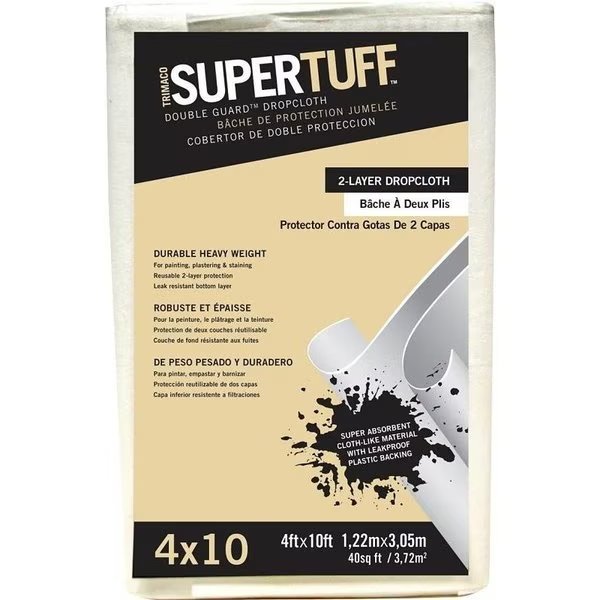 SUPERTUFF Double Guard 0 Drop Cloth, 10 ft L, 4 ft W, Paper, White, Trimaco, Mfr#: 2602