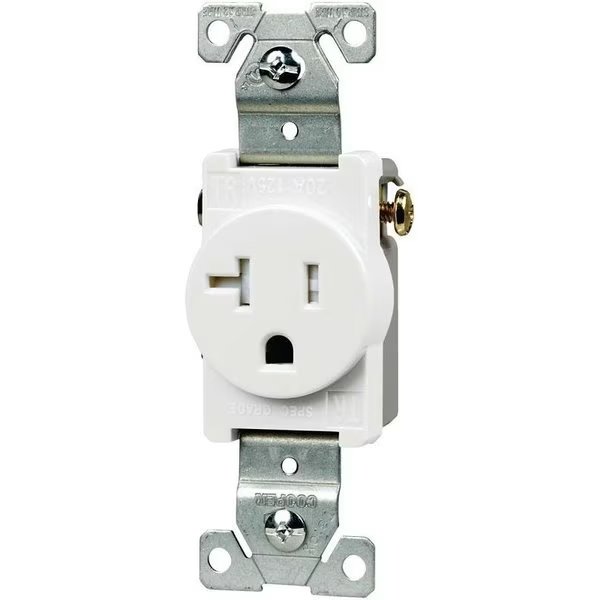 Single Receptacle, 2 Pole, 125 V, 20 A, Side Wiring, NEMA NEMA 520R, White, Eaton Wiring Devices, Mfr#: TR1877W-BXSP