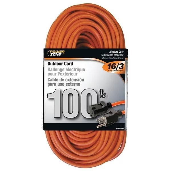 Extension Cord, 16 AWG Cable, 515P Grounded Plug, 515R Grounded Receptacle, 100 ft L, 10 A, 125 V, Powerzone, Mfr#: OR501635
