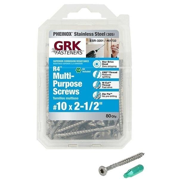 Deck Screw, #10 x 3-1/2 in, 18-8 Stainless Steel, Flat Head, Torx Drive, Grk Fasteners, Mfr#: 61733