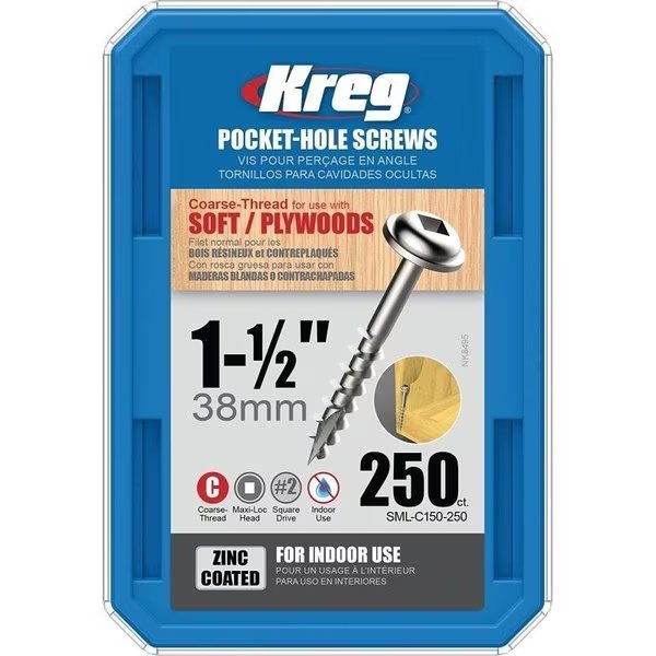 Self-Drilling Screw, 1-1/2 in, Zinc Plated Steel Maxiloc Head Square Drive, Kreg, Mfr#: SML-C150-250
