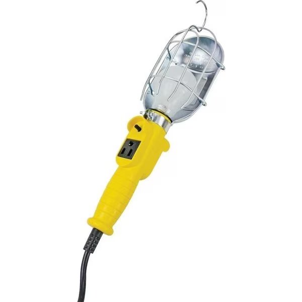 Work Light with Metal Guard and Single Outlet, 12 A, 25 ft L Cord, Yellow, Powerzone, Mfr#: ORTL010625