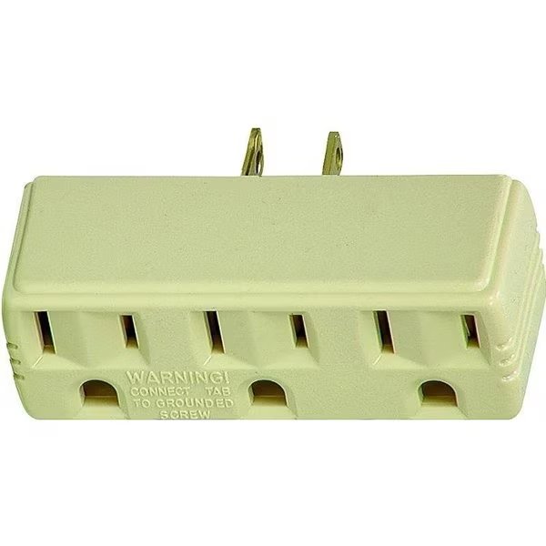 Outlet Adapter with Grounding Lug, 2 Pole, 15 A, 125 V, 3 Outlet, Ivory, Eaton Wiring Devices, Mfr#: 1219V-BOX