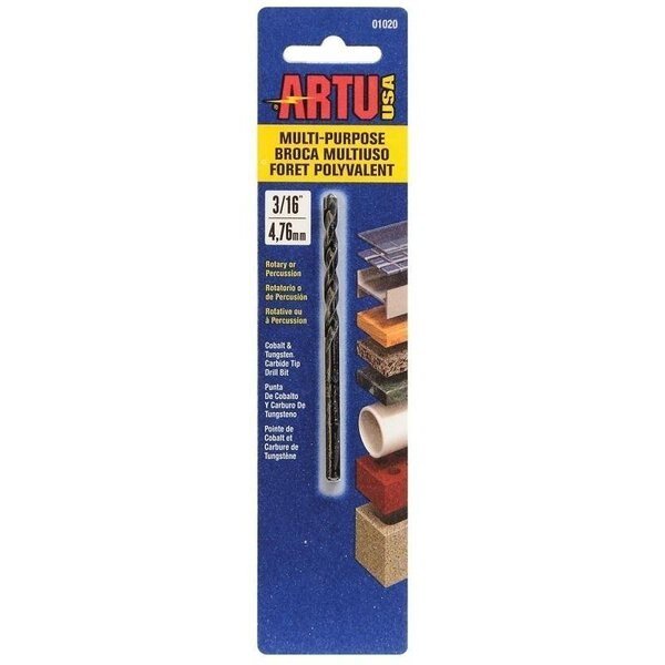 0 Jobber Drill Bit, 316 in Dia, 312 in OAL, Parabolic Flute, 316 in Dia Shank, Straight Shank, Artu, Mfr#: 1020