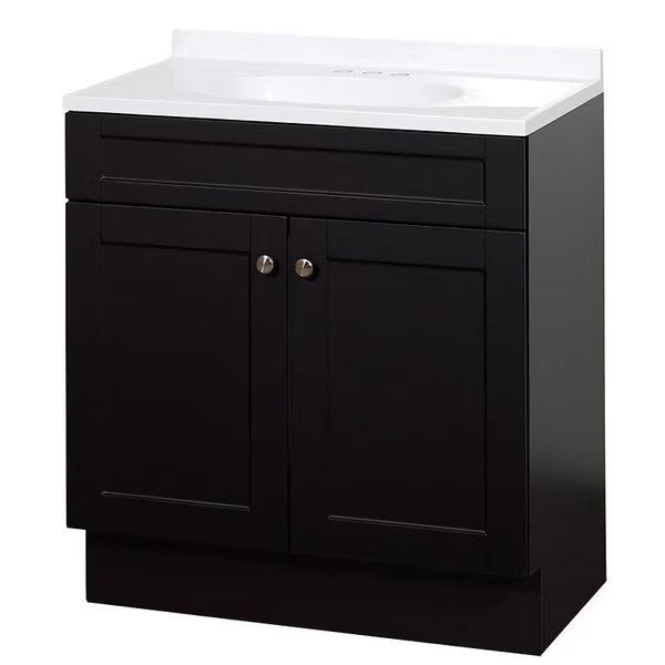 2Door Shaker Vanity with Top, Wood, Espresso, Cultured Marble Sink, White Sink, Zenna Home, Mfr#: SBC30CH