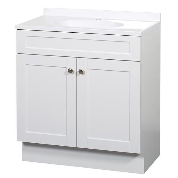2Door Shaker Vanity with Top, Wood, White, Cultured Marble Sink, White Sink, Zenna Home, Mfr#: SBC36WW