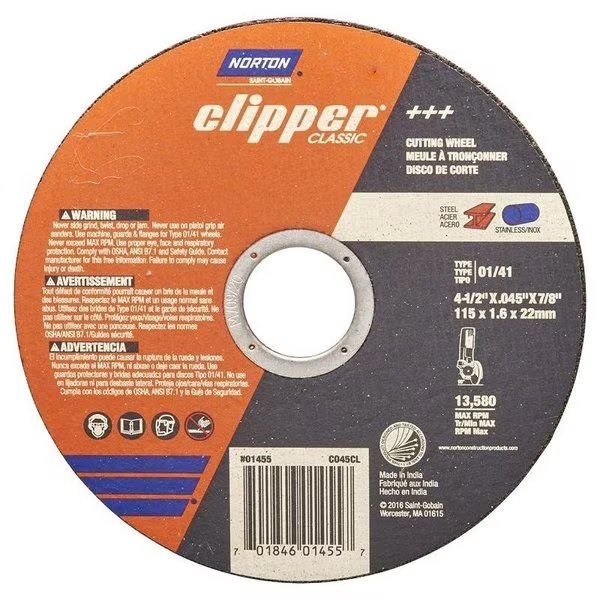 Clipper Classic A AO Series Cutoff Wheel, 412 in Dia, 0045 in Thick, 78 in Arbor, Norton Clipper, Mfr#: 70184601455