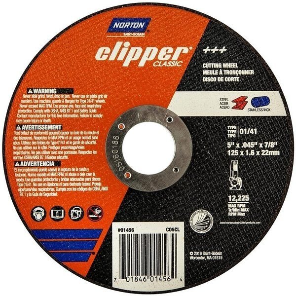 Clipper Classic A AO Series Cutoff Wheel, 5 in Dia, 0045 in Thick, 78 in Arbor, Norton Clipper, Mfr#: 70184601456