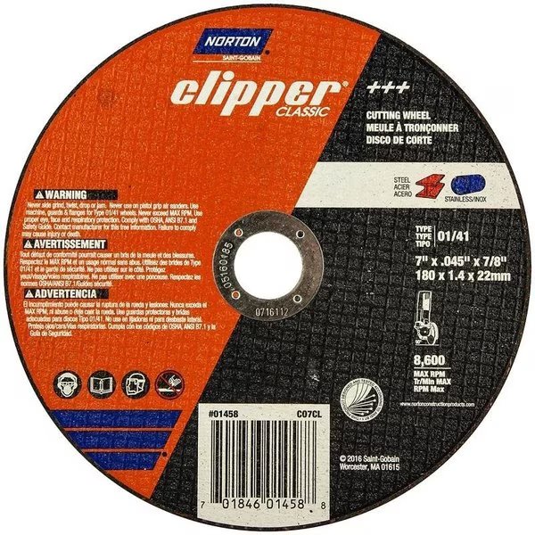 Clipper Classic A AO Series Cutoff Wheel, 7 in Dia, 0045 in Thick, 78 in Arbor, Norton Clipper, Mfr#: 70184601458
