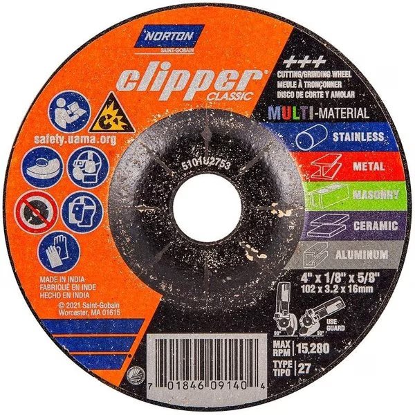Clipper Classic AC AOSC Series Grinding and Cutting Wheel, 4 in Dia, 18 in Thick, 58 in Arbor, Norton Clipper, Mfr#: 70184609140
