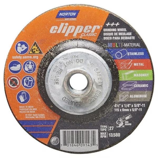 Clipper Classic AC AOSC Series Grinding Wheel, 412 in Dia, 14 in Thick, 5811 Arbor, Norton Clipper, Mfr#: 70184609143