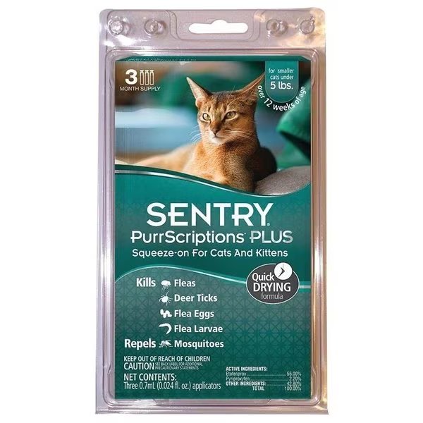 PurrScriptions Plus 0 Flea and Tick SqueezeOn, Liquid, Mild Acetate, 3 Count, Sentry, Mfr#: 1980
