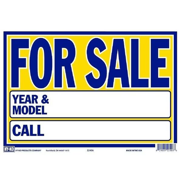 Neon Sign, FOR SALE, Blue Legend, Yellow Background, Plastic, 9 in H x 13 in W Dimensions, 22406, Hy-Ko, Mfr#: 22406