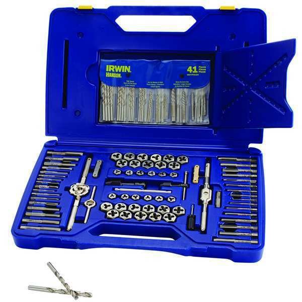 Drill Bit, Tap, and Die Set, 117 Pieces, 36 Drills, 34 Taps, 34 Dies in Set, Hex, High Carbon Steel, Irwin, Mfr#: 26377