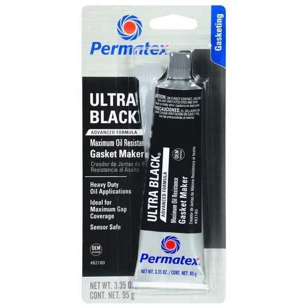 RTV Silicone Gasket Maker, Ultra Black Max Oil RTV, 3.35 oz, Tube, Black, Permatex, Mfr#: 82180