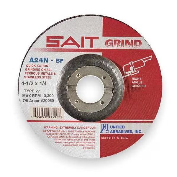 Depressed Center Grinding Wheel, 27, 4-1/2" Dia, 1/4" Thick, 7/8" Arbor Hole Size, Aluminum Oxide, United Abrasives/Sait, Mfr#: 20060