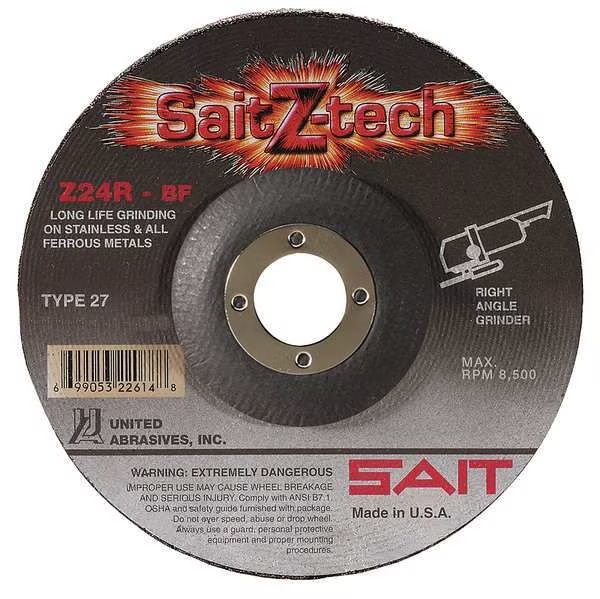 Depressed Center Grinding Wheel, 27, 7" Dia, 1/4" Thick, 7/8" Arbor Hole Size, Zirconia Alumina, United Abrasives/Sait, Mfr#: 22604