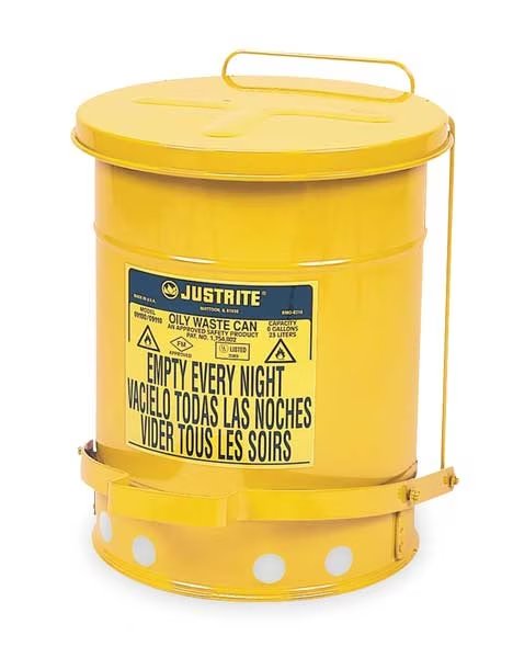 Oily Waste Can, 6 Gal., Steel, Yellow, Justrite, Mfr#: 09101
