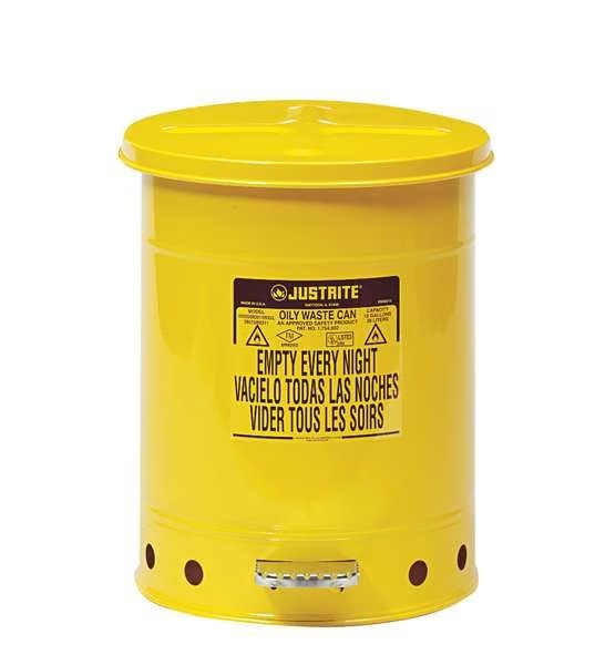 Oily Waste Can, 10 Gal., Steel, Yellow, Justrite, Mfr#: 09301