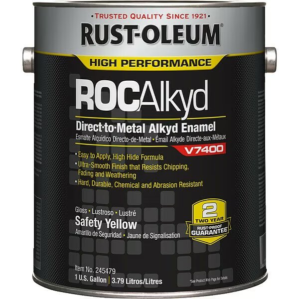 Interior/Exterior Paint, High Gloss, Oil Base, SAFETY YELLOW, 1 gal, Rust-Oleum, Mfr#: 245479